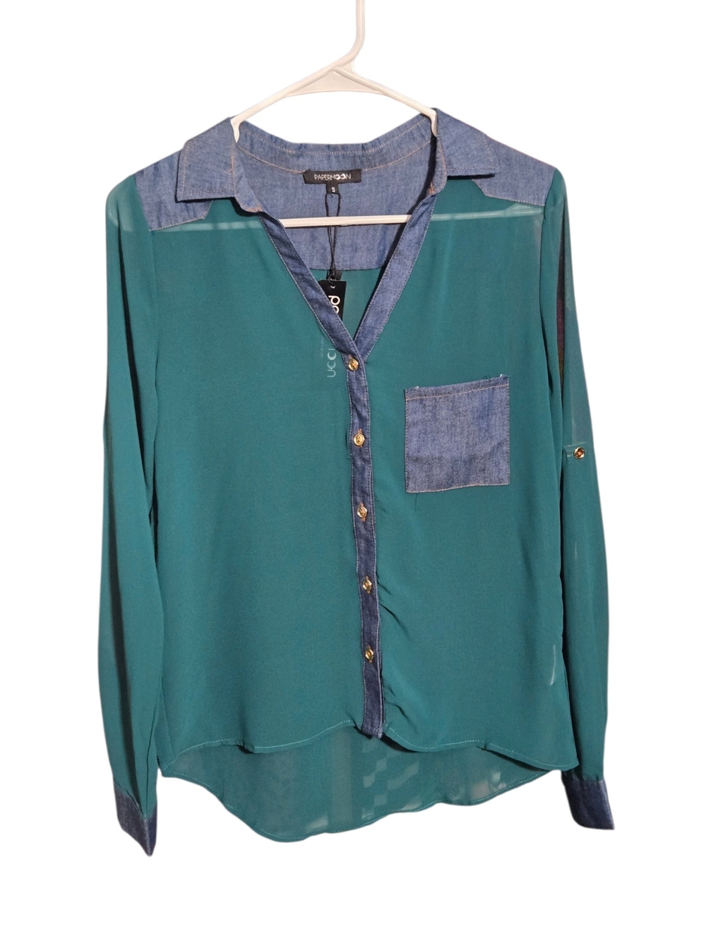 Papermoon Teal Button-Down Blouse with Denim Trim